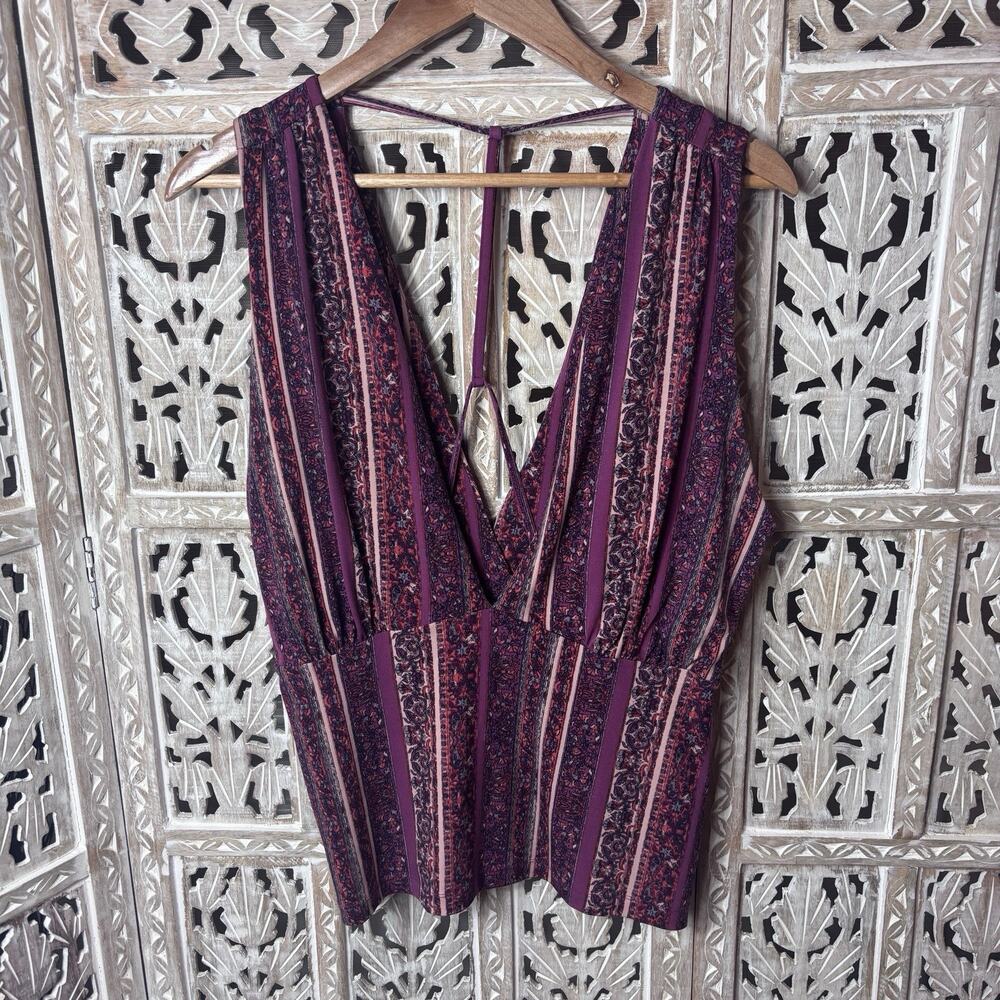 Free People Open T-Strap Back V-neck Bohemian Hippie Sleeveless Tunic Tank SZ L